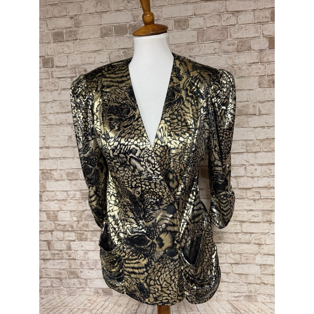Vtg 80's Gold Black Shiny Jacket Shoulder Pads Metallic Glam Rock M Ricardo E